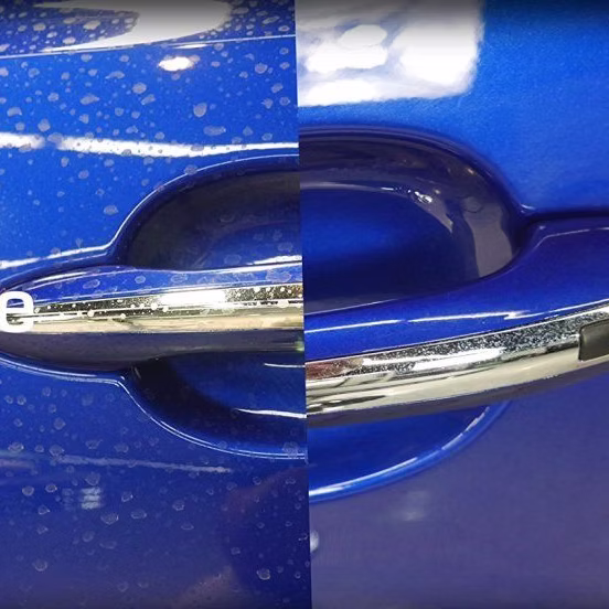 Before and after water spot removal on a blue vehicle door handle